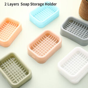 Bathroom Soap Dish Portable Holder Plastic 2 Layers Drain Rack Container T.sf