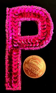 Letter P Sequin & Glass Bead Applique 2 3/4" Tall 1 5/8" Wide Deep Dark Pink - Picture 1 of 3