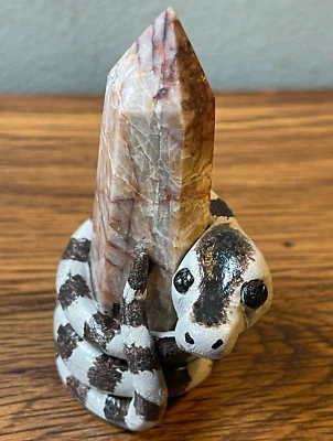 Primitive Folk Art Clay Snake Sculpture on Alabaster Stone One Of A Kind - Image 1 of 4