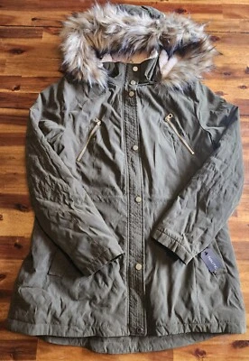 Nautica Women's Microfiber Parka Anorak Jacket  With Faux Fur Hood Sz L Olive  - Image 1 of 4