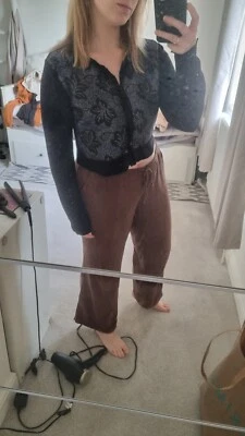 Oasis Blue Floral Applique Black Long Sleeve Button Cropped Cardigan Size 10 - Image 1 of 4