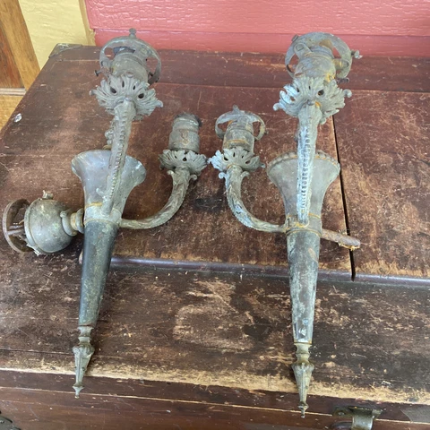 Pair Antique Victorian Cast Brass Wall Sconces For Restoration Or Parts Cover