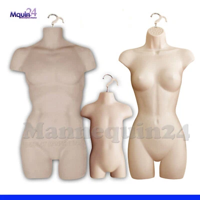 3 Flesh Mannequins Set - Muscle Man Female & Toddler Plasitc Hanging Dress Forms - Image 1 of 4