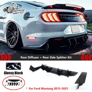For Ford Mustang 2015-23 Glossy Black V2-Style Rear Diffuser+Rear Side Splitter - Picture 1 of 13