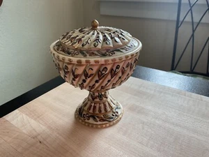 Ornate Celluloid? Pedestal Dish With Lid Wood Interior - Picture 1 of 5