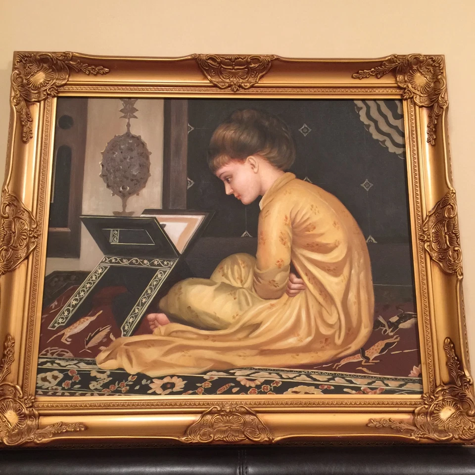 Estudio en el escritorio de lectura - Lord F. Leighton pintura al óleo enmarcada Foto 1 de 4