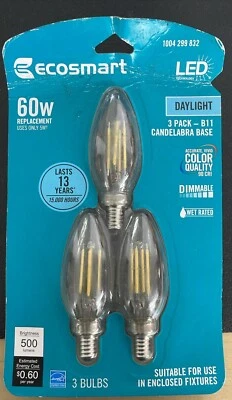 3-Pack EcoSmart 60-Watt LED Daylight B-11 Candelabra Base Bulbs - Image 1 of 4