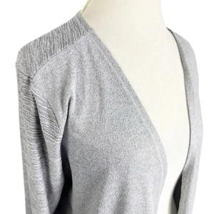 Chicos Two Tone Gray Open Cardigan Soft stretch Knit Artsy stud pockets SIze XL - Picture 1 of 10