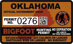 Calcomanía de vinilo Sasquatch con permiso de caza Oklahoma OK Bigfoot Hunter de 4 - Imagen 1 de 1