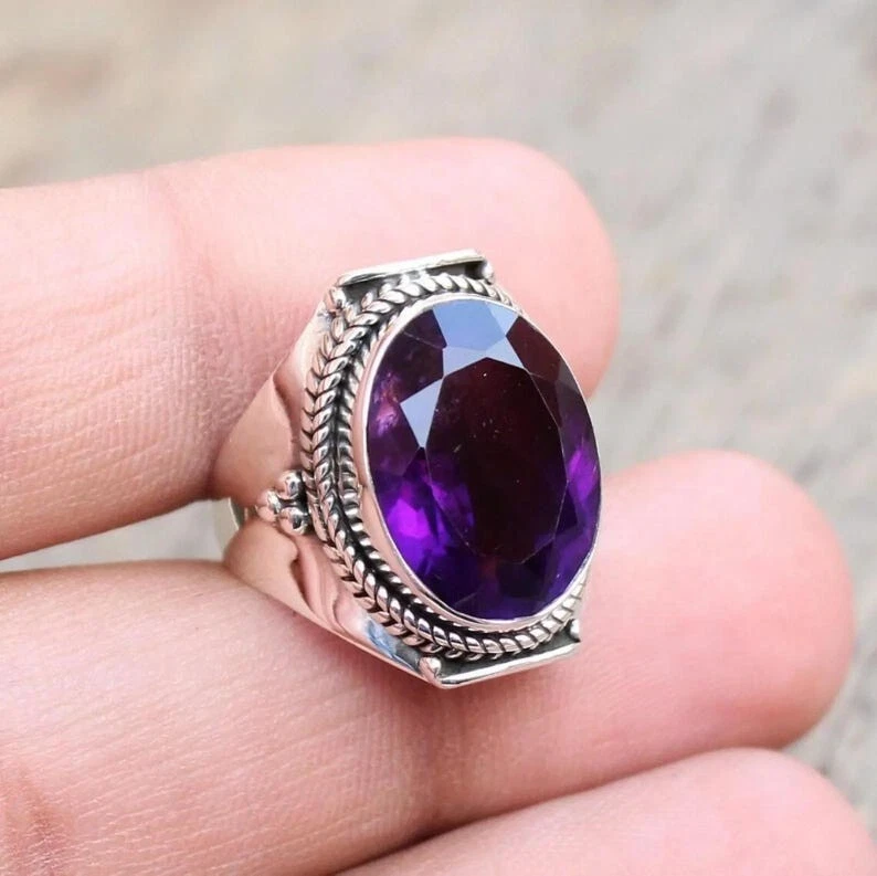Purple Amethyst Gemstone 925 Sterling Silver Ring Handmade Jewelry Ring - Image 1 of 4