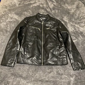 ZARA Faux Leather Biker Jacket Black Men Large Full Zip Pockets Coat Motorcycle - Picture 1 of 10