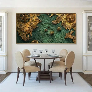 Golden Compass & Nautical Design Unframed Canvas Painting for Living - Picture 1 of 6
