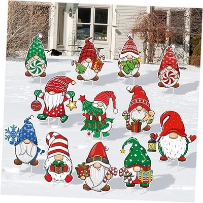  12 Шт. Рождественский двор знаки Xmas Gnome декоративные гномы двор колья праздник  - Изображение 1 из 4