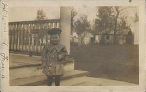 RPPC Vintage Postcard of Young Boy in Striped Outfit - 8 Years Old - Picture 1 of 5
