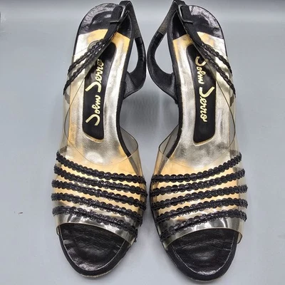 Vintage 1960s John Jerro Clear Vinyl & Black Slingback Stiletto Heels (8.5AA) - Image 1 of 4