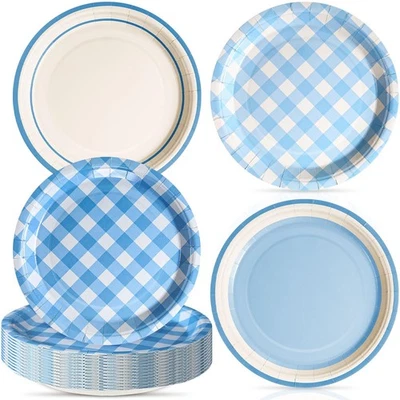 60 Pcs Blue Gingham Plates 9 Inch Disposable Checkered Plaid Dinner Paper Des... - Image 1 of 4