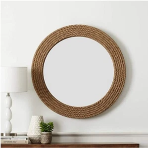 Round Nautical Coastal Wall Mirror, Rope Framed Rustic Farmhouse Bathroom, Beach - Picture 1 of 5
