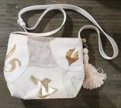 Sharif White Patchwork Vintage Crossbody With Tassel Gold Copper Accents - Image 1 of 4