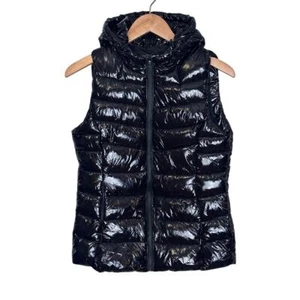 NUEVO CON ETIQUETAS Philosophy Chaleco Negro Nylon Brillante Con Capucha Cremallera Frontal Talla XS - Imagen 1 de 8