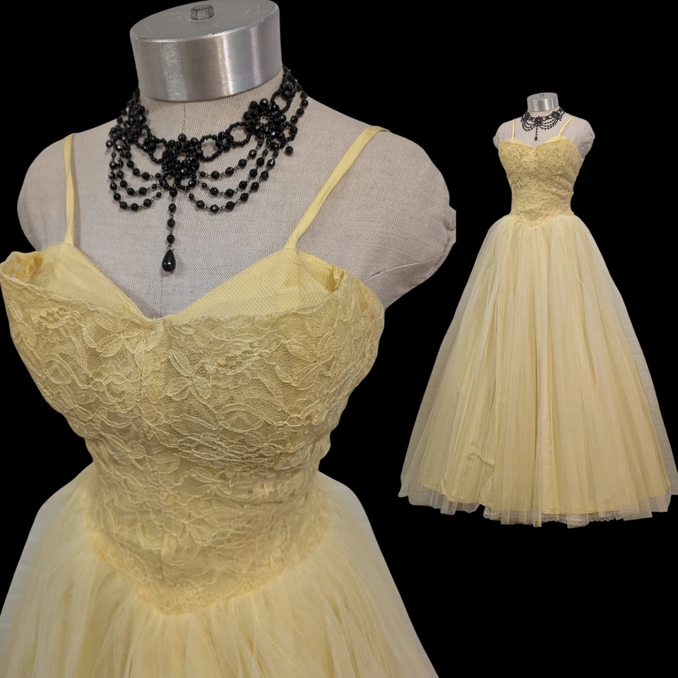Vtg 50s Prom Dress XXS Yellow Lace Tulle Shelf Bust Strappy Long Floor Length  - Image 1 of 4