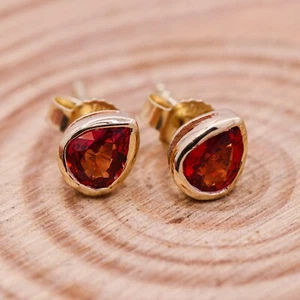 14k Solido Oro Giallo Originale Pera Arancione Zaffiro Borchie Orecchini Regali - Foto 1 di 9