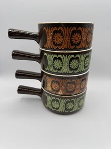 Vtg MCM Otagiri Ceramic Handled French Onion Soup Bowls Japan 60’s Orange Green - Picture 1 of 12