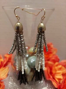 Black, White and Silver Beaded Tassel Earring - Picture 1 of 2