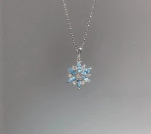 Snowflake Silver Flower Pave Light Blue Cubic Zirconia Pendant Chain Necklace - Picture 1 of 2