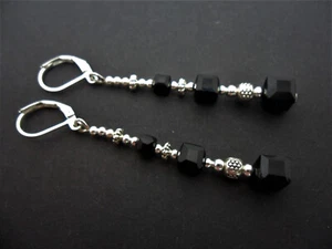 A PAIR SILVER PLATED BLACK CUBE BEAD LONG DANGLY LEVERBACK HOOK EARRINGS. NEW. - Picture 1 of 1