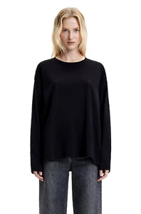 ENZA COSTA Oversize Long Sleeve Solid Crew Tee Top Pullover Black S $225 B1 - Picture 1 of 4