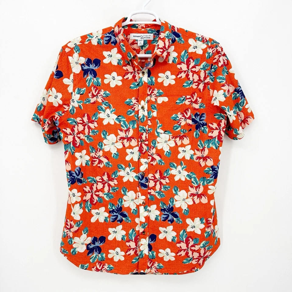 Old Navy Shirt Size XLT Mens Orange Floral Hawaiian Getaway Classic Slim Beach - Image 1 of 4