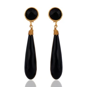Wire Wrapped Gemstone Black Onyx Long Drop Earring Women Gold Minimalist Jewelry - Picture 1 of 3