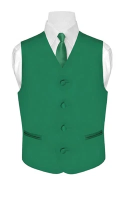 Conjunto de corbata de cuello y chaleco de vestir liso color verde esmeralda para niños talla 10 Foto 1 de 3