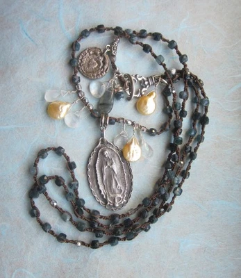 Virgin of Guadalupe Blue Tourmaline Necklace Silver Heart Charm Peasant Princess - Image 1 of 4