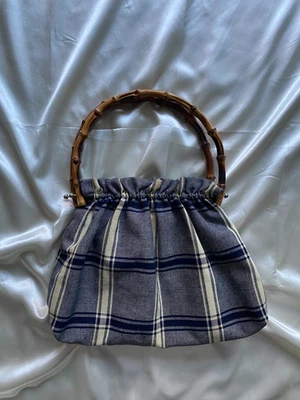 Vintage Blue & Cream Plaid Bamboo Handle Purse Americana Preppy Unique - Image 1 of 4