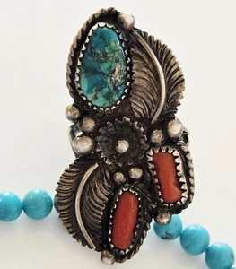 Großer Old Pawn Vintage Navajo Koralle & Türkis Sterlingsilber Ring Größe 8 - Bild 1 von 7