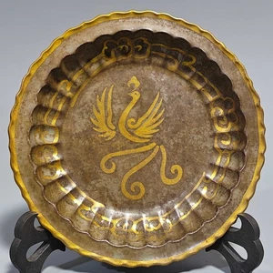 7.1" China Old Classic Porcelain Song Dynasty Ru Kiln Marked Gilt Phoenix Plate - Picture 1 of 9