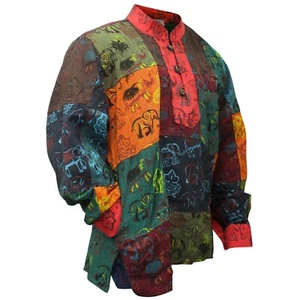 Men Summer Elephant Print Colourful Grandad Hippie Shirt - Picture 1 of 32