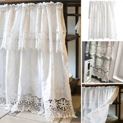 Cotton Short Curtain White Lace Flower Cafe Window Drape Half Curtain Layered - Image 1 of 4