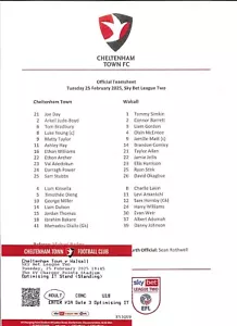 2024/25 Cheltenham Town v Walsall League 2 Teamsheet & Ticket - 25th February - Picture 1 of 1
