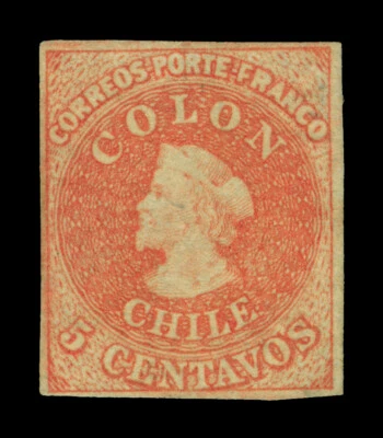 CHILE 1860  COLUMBUS  5c vermilion   Scott # 9d  mint MH VF - Image 1 of 2