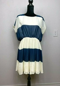 ASOS Size 12 Navy & Cream Striped Chiffon Pleated Skirt Blouson Dress - Picture 1 of 7