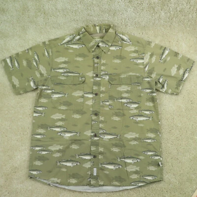 Cabelas Shirt Adult Medium Green All Over Print Fish Button Up Short Sleeve Mens - Image 1 of 4