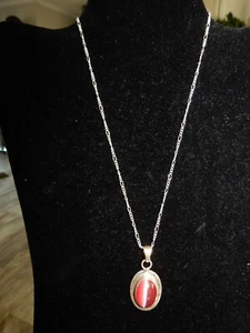 Mexico 925 Sterling Silver PINK Cats Eye Pendant Necklace 18" - Picture 1 of 4