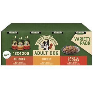 12 x 400g James Wellbeloved Adult Wet Dog Food Tins Turkey Lamb Chicken in Loaf