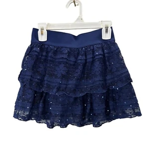 Justice Lace Tiered Mini Skirt size 8 Navy Blue Built in Shorts Sequins Elastic - Picture 1 of 4