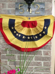 American Patriotic Aged Tea Stained 30" Bunting Embroidered Stars Heavy Cotton - Picture 1 of 4