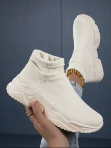 Women's Mid-Top Socks Sneakers, Slip-On Knitted Shoes Mesh And Thick Sole - Picture 1 of 5