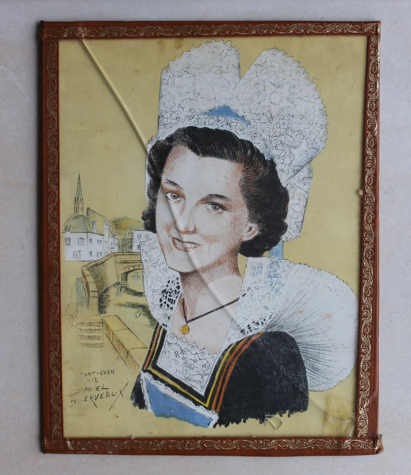 Litho pochoir original encadré sous verre de DANIEL DERVEAUX 1954. Pont-Aven - Photo 1/1