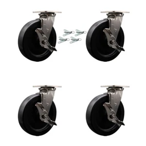 8 Inch 316SS Polyolefin Caster Set with Ball Bearings and Brakes/Swivel Locks - Picture 1 of 5